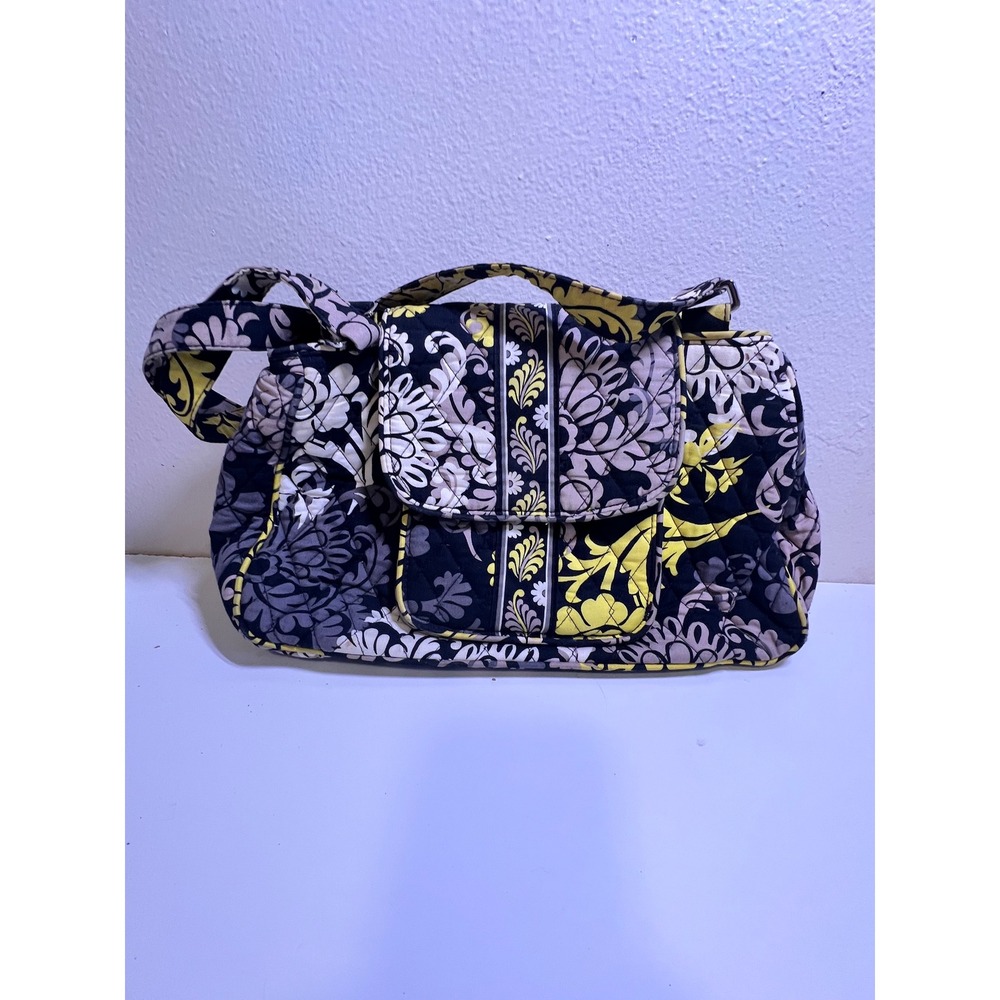 Vera Bradley Medium Shoulder Bag Yellow Black Floral Quilted Cotton Purse‎